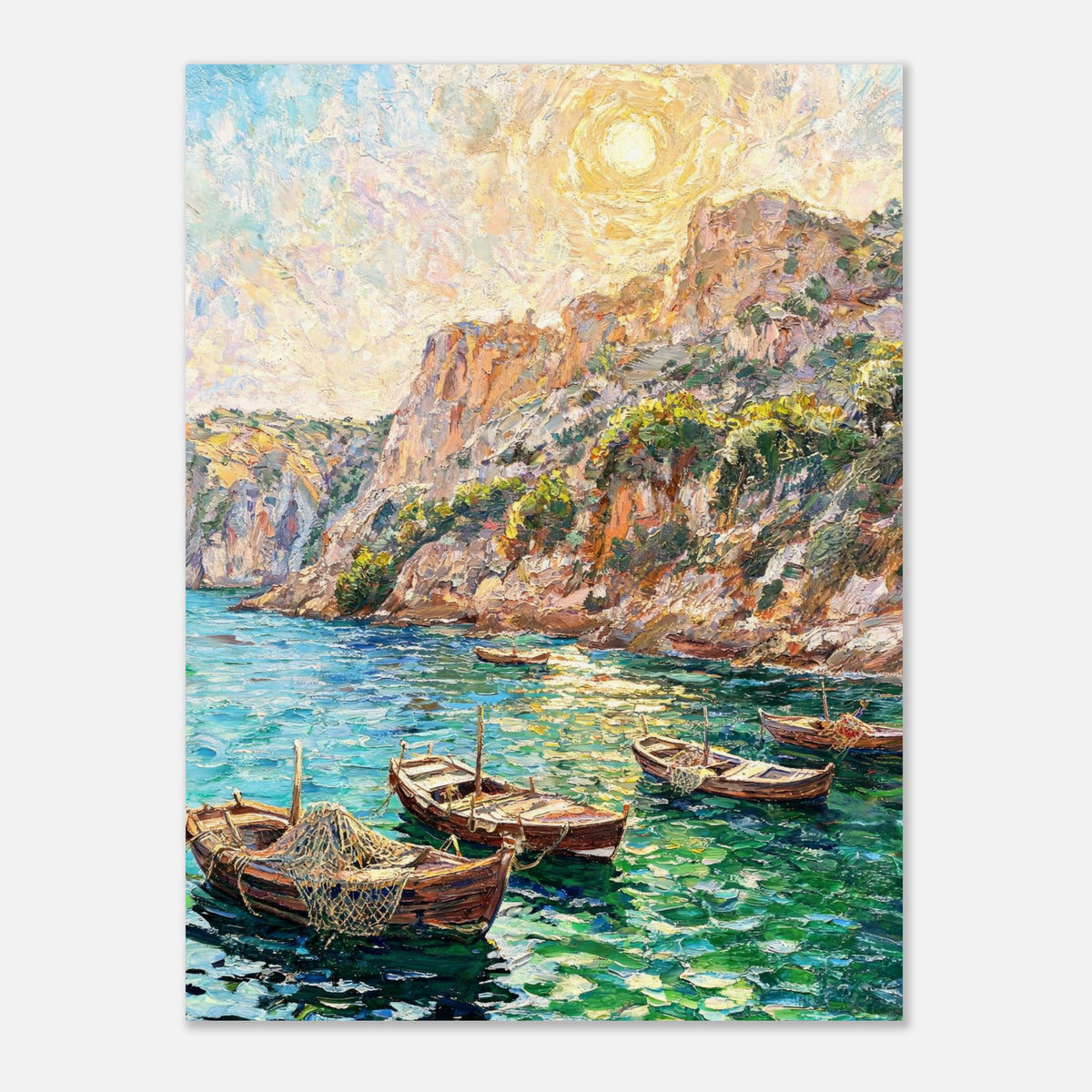 Mediterranean Coastal Cove Fishing Boats Impressionist Art Print