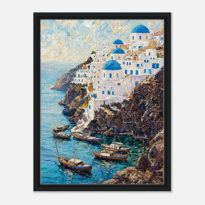 Santorini Cliffside Village & Boats Impressionist Art Print