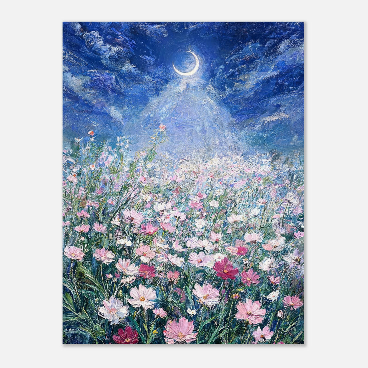 Moonlit Wild Cosmos Field Impressionist Art Print