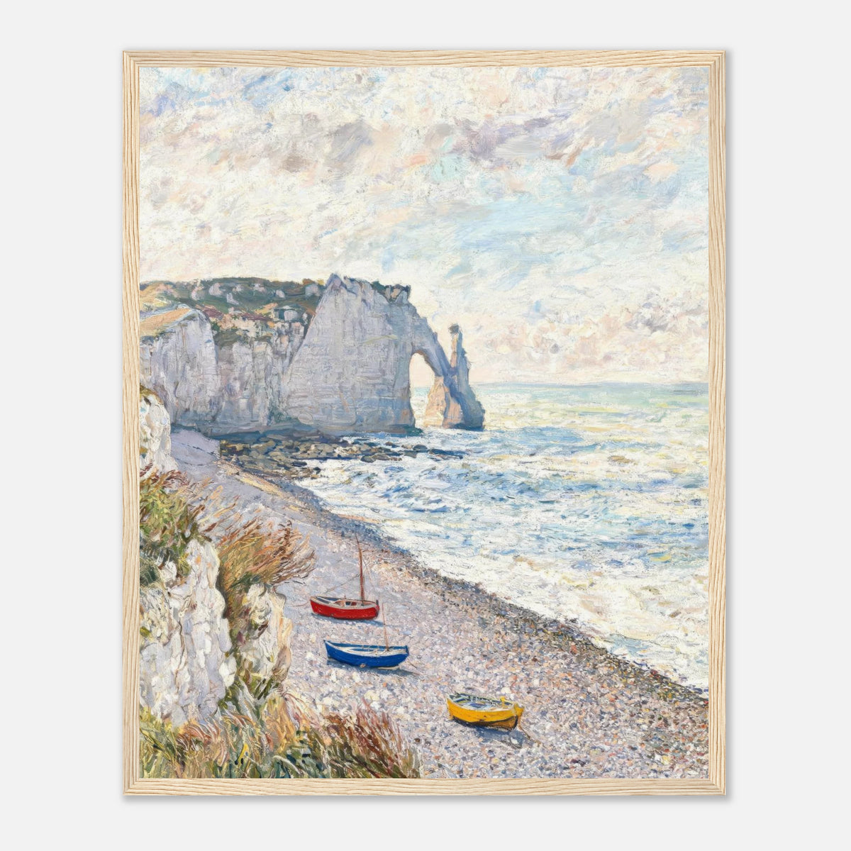 Coastal Cliff & Colorful Boats Impressionist Art Print