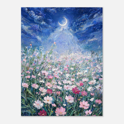 Moonlit Wild Cosmos Field Impressionist Art Print