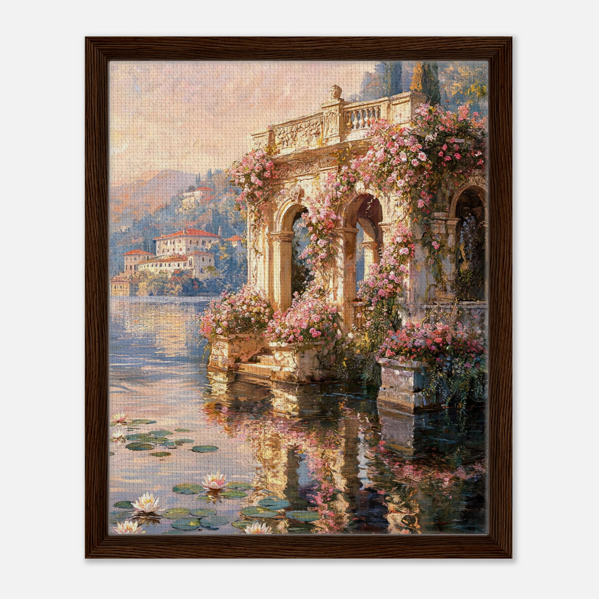 Sunlit Lakeside Villa & Roses Impressionist Art Print