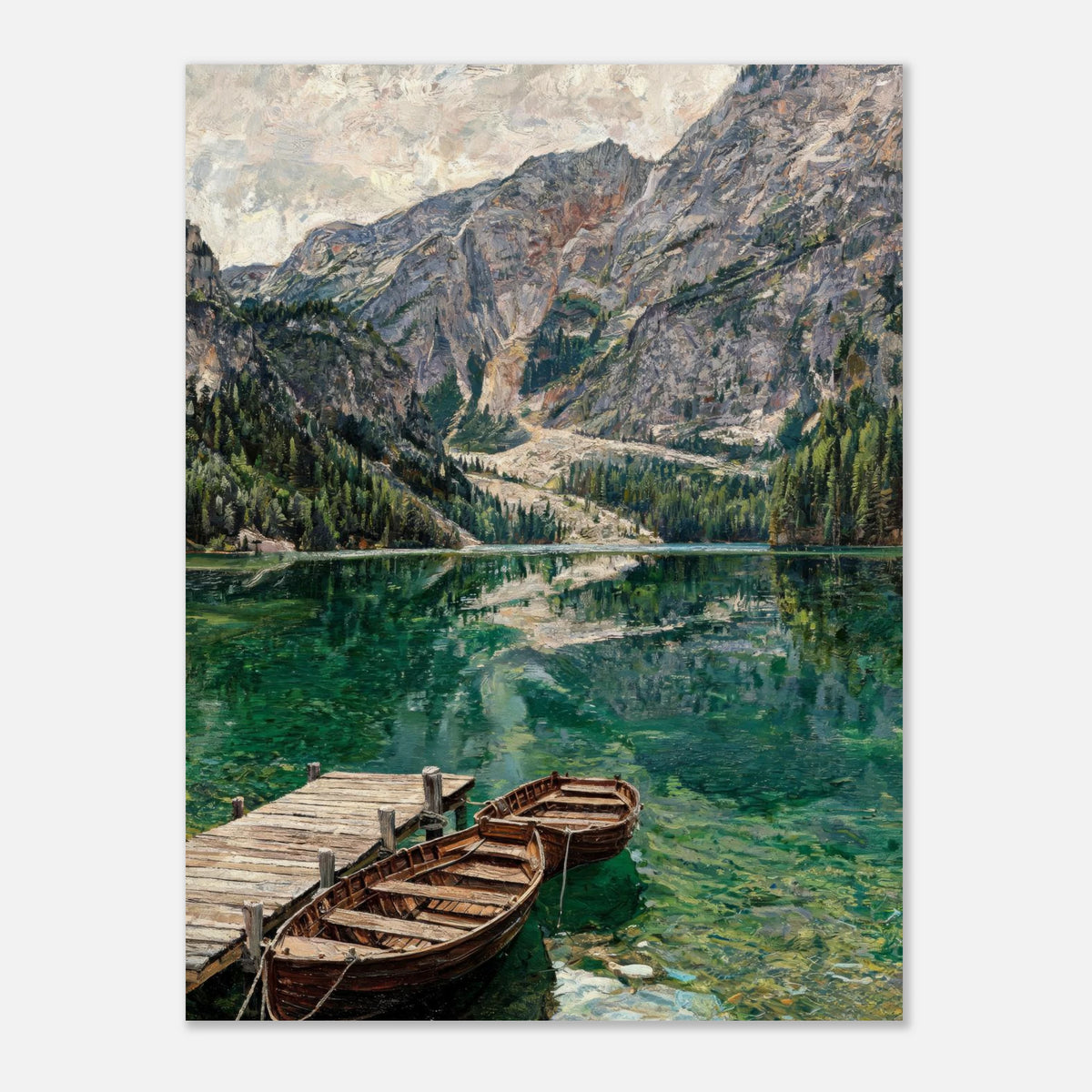 Wooden Boats on Alpine Lake Impressionist Art Print
