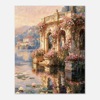 Sunlit Lakeside Villa & Roses Impressionist Art Print