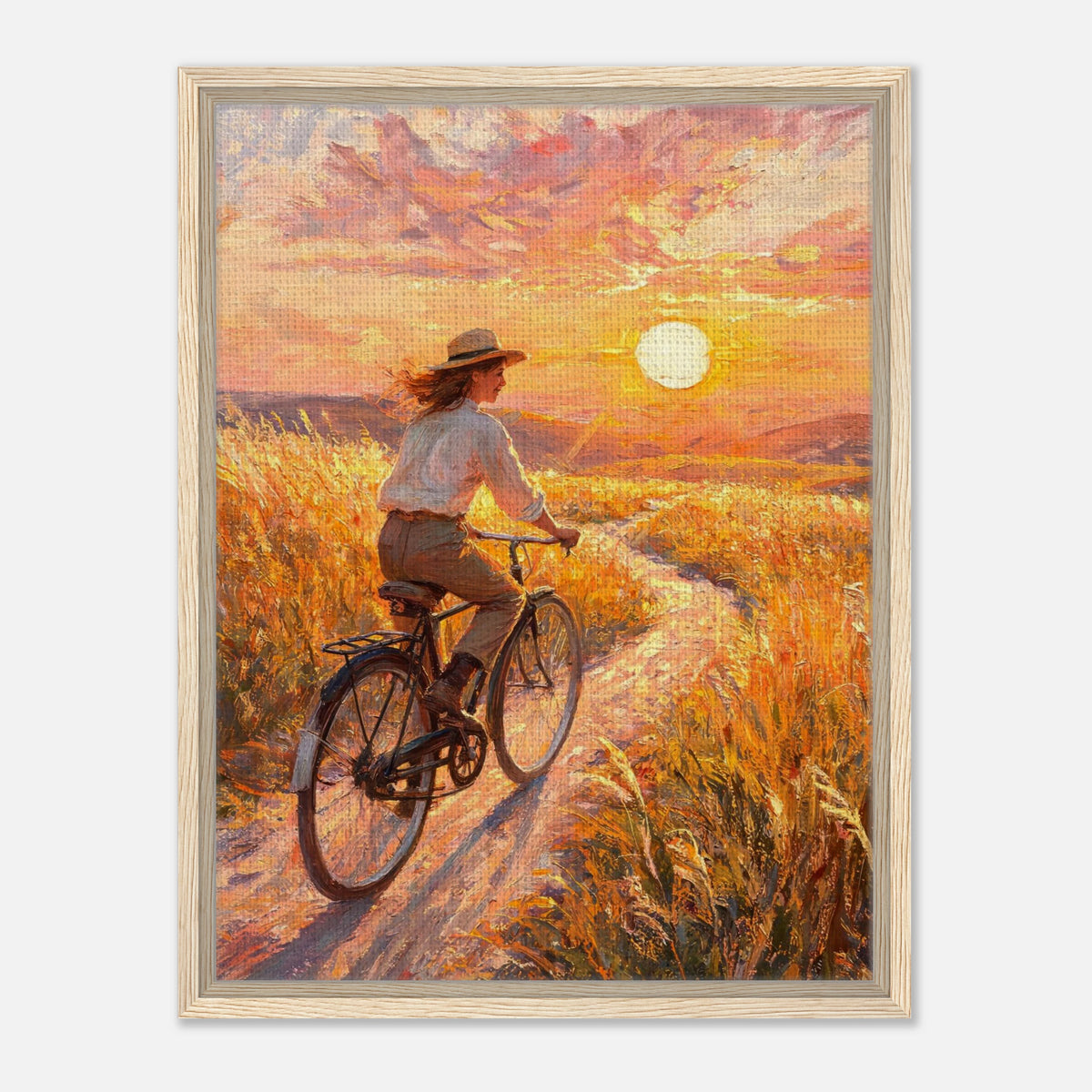 Cycling Through Golden Fields at Sunset Impressionist Art Print