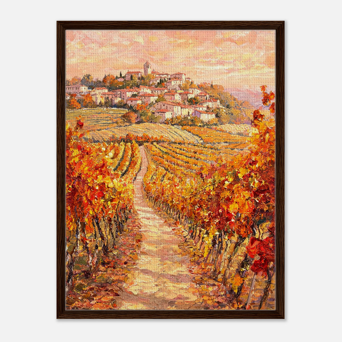 Autumn Vineyard Path Hilltop Village Impressionist Art Print