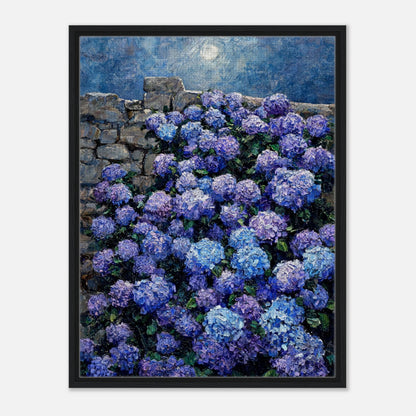 Moonlit Blue Hydrangeas by Stone Wall Impressionist Art Print