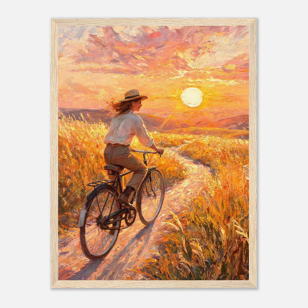 Cycling Through Golden Fields at Sunset Impressionist Art Print