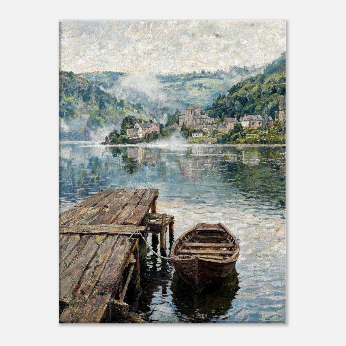 Misty Mountain Lake Wooden Boat Impressionist Art Print