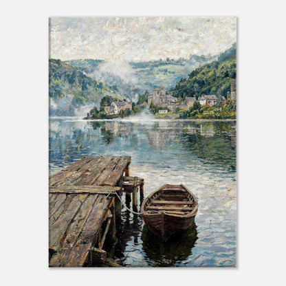 Misty Mountain Lake Wooden Boat Impressionist Art Print