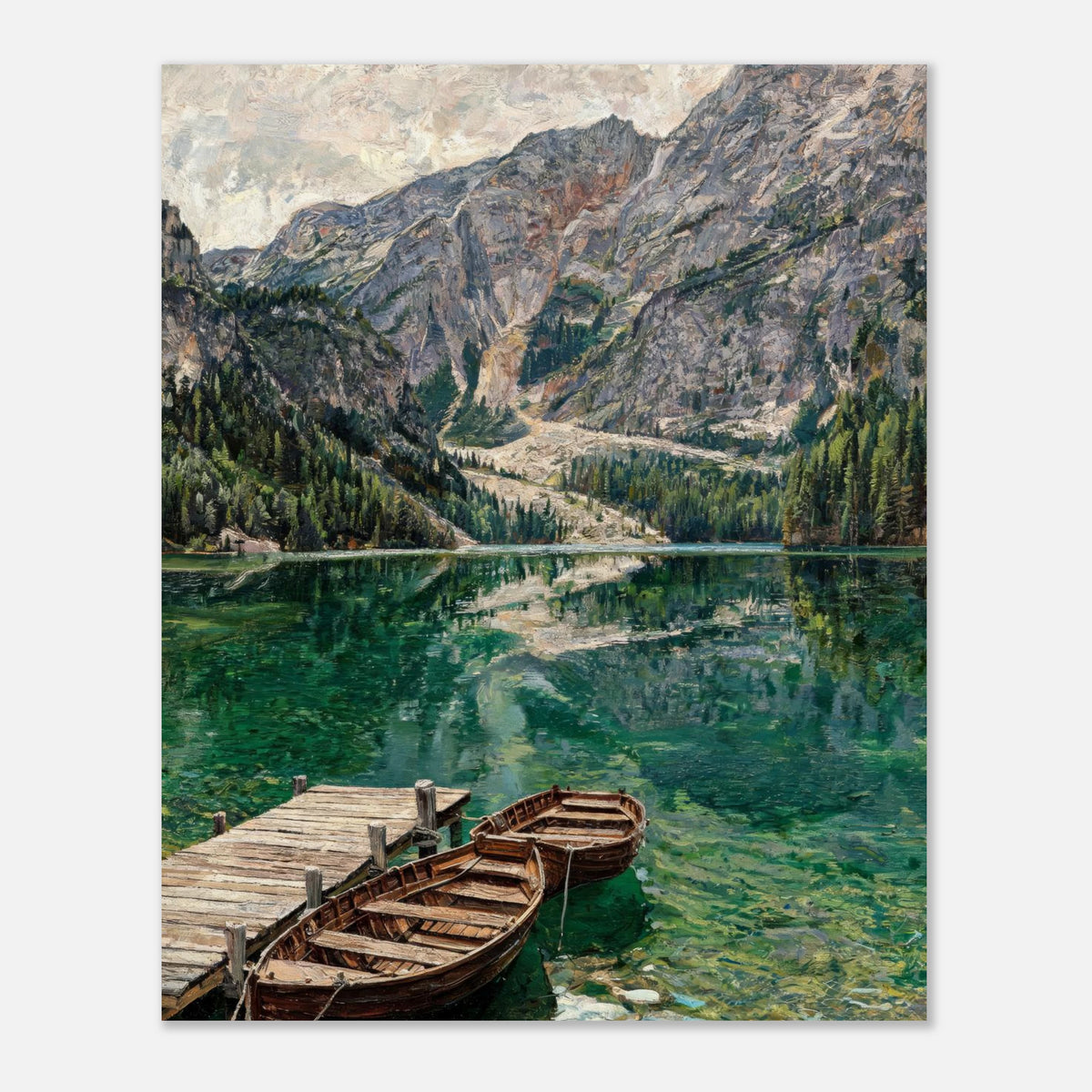 Wooden Boats on Alpine Lake Impressionist Art Print
