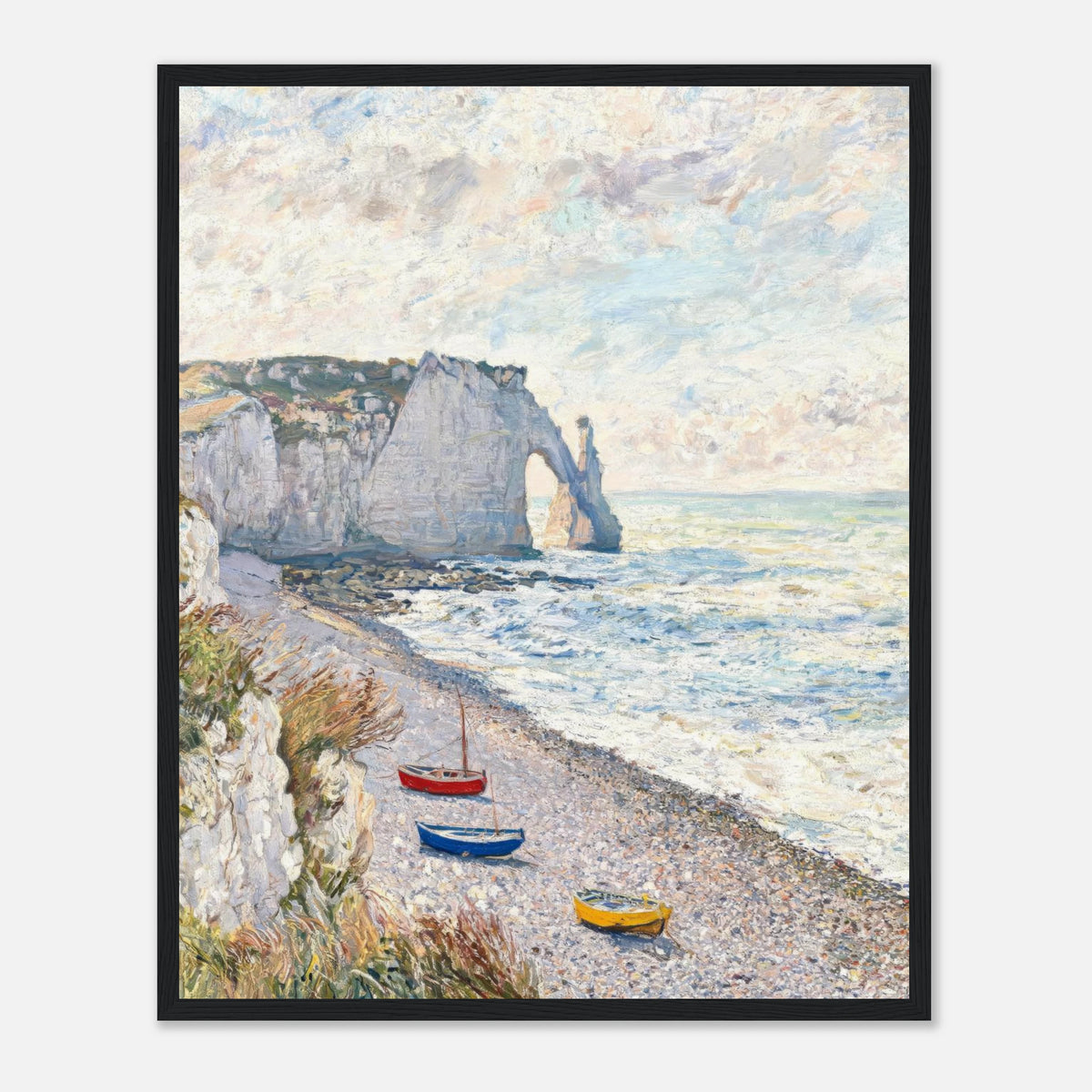 Coastal Cliff & Colorful Boats Impressionist Art Print