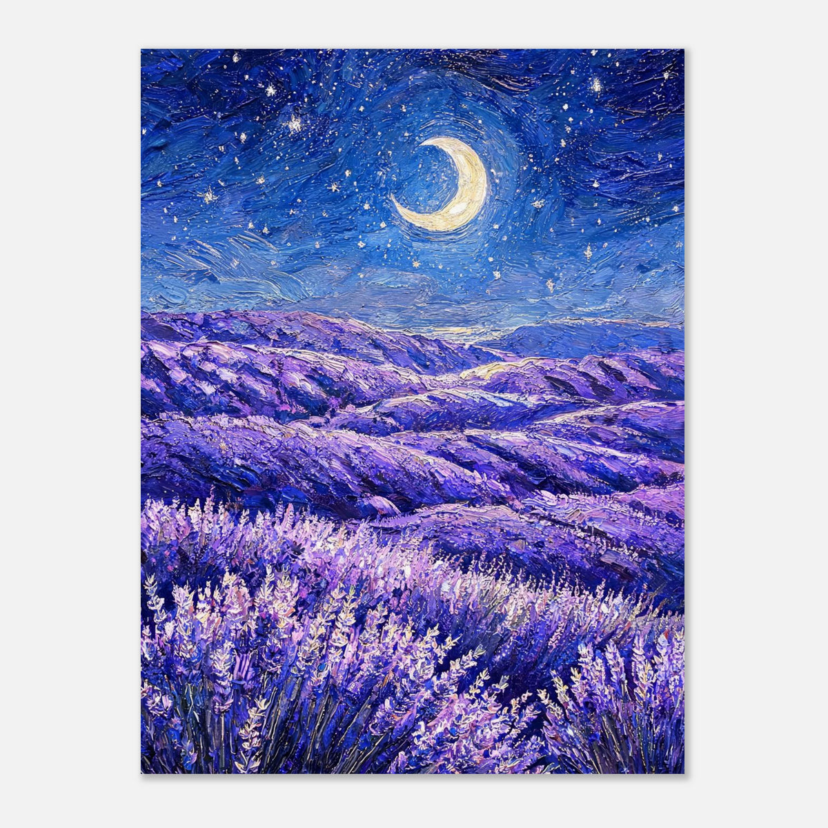 Moonlit Lavender Field at Night Impressionist Art Print