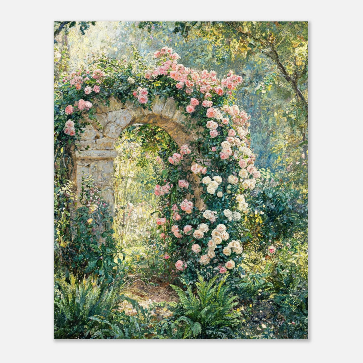 Rose-Covered Stone Arch & Sunlit Garden Impressionist Art Print