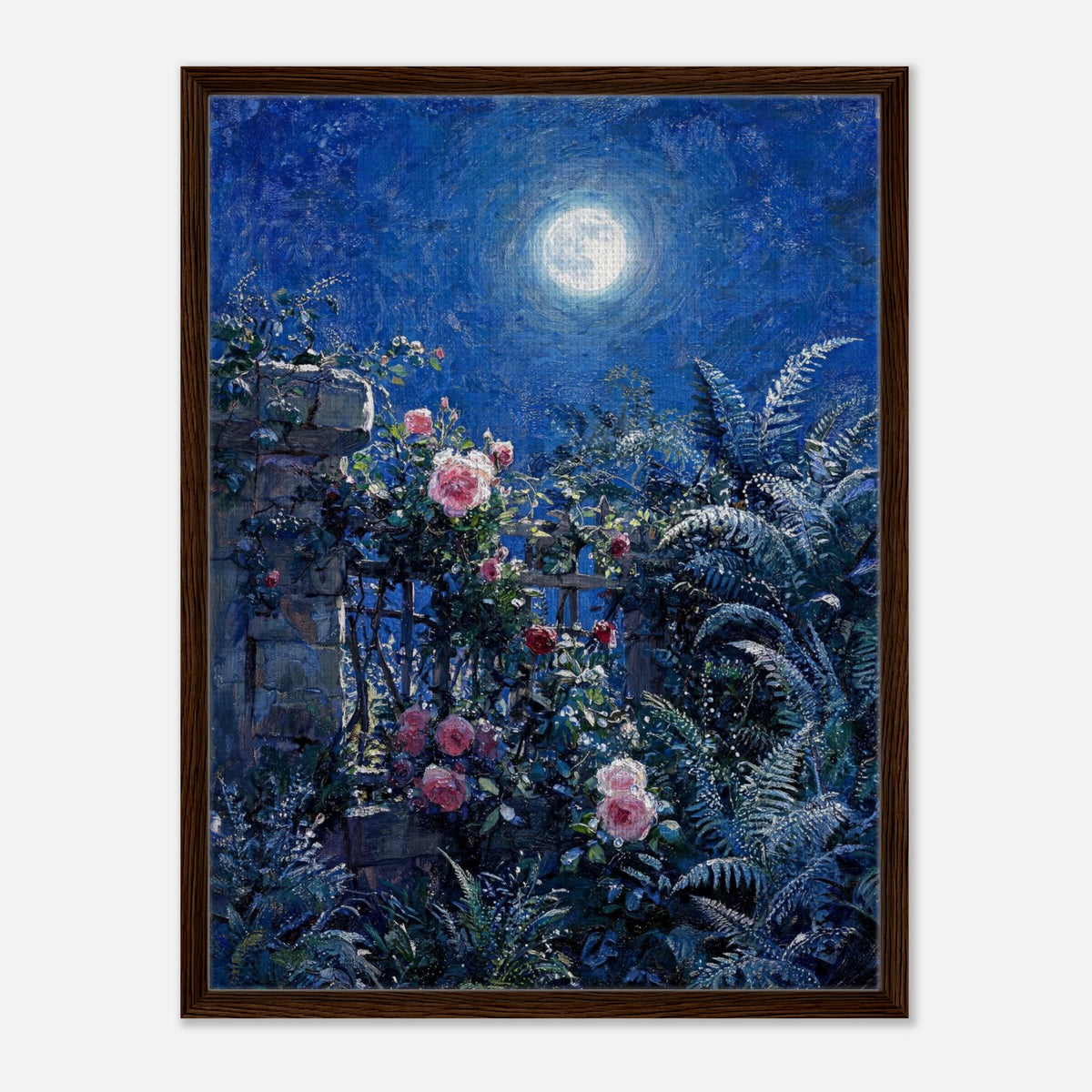 Moonlit Rose Garden and Stone Wall Impressionist Art Print