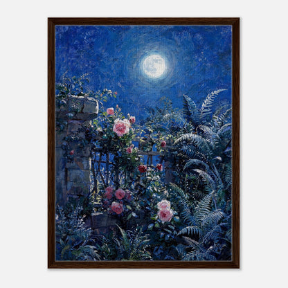 Moonlit Rose Garden and Stone Wall Impressionist Art Print