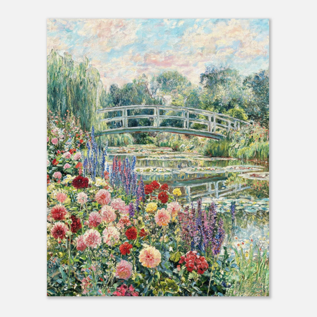 Blooming Summer Garden & Japanese Bridge Impressionist Art Print