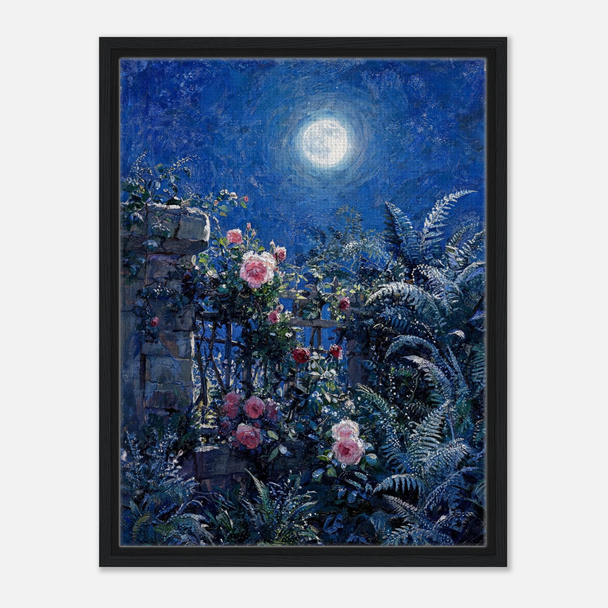 Impressionist art print from Vintstep depicting pink roses and ferns near an old stone wall under a glowing full moon in a deep blue night sky with rich impasto brushstrokes.