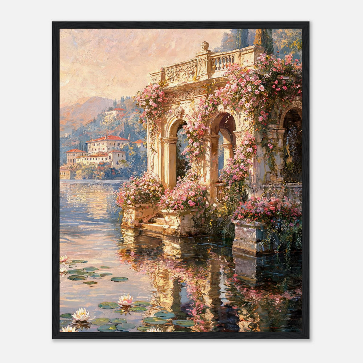 Sunlit Lakeside Villa & Roses Impressionist Art Print
