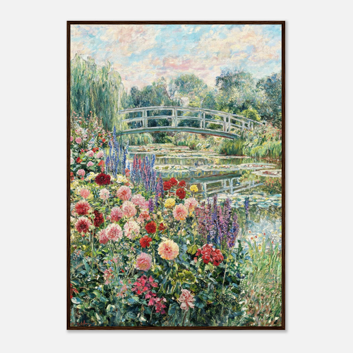Blooming Summer Garden & Japanese Bridge Impressionist Art Print