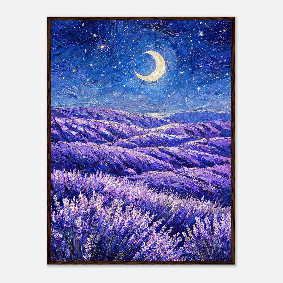 Moonlit Lavender Field at Night Impressionist Art Print