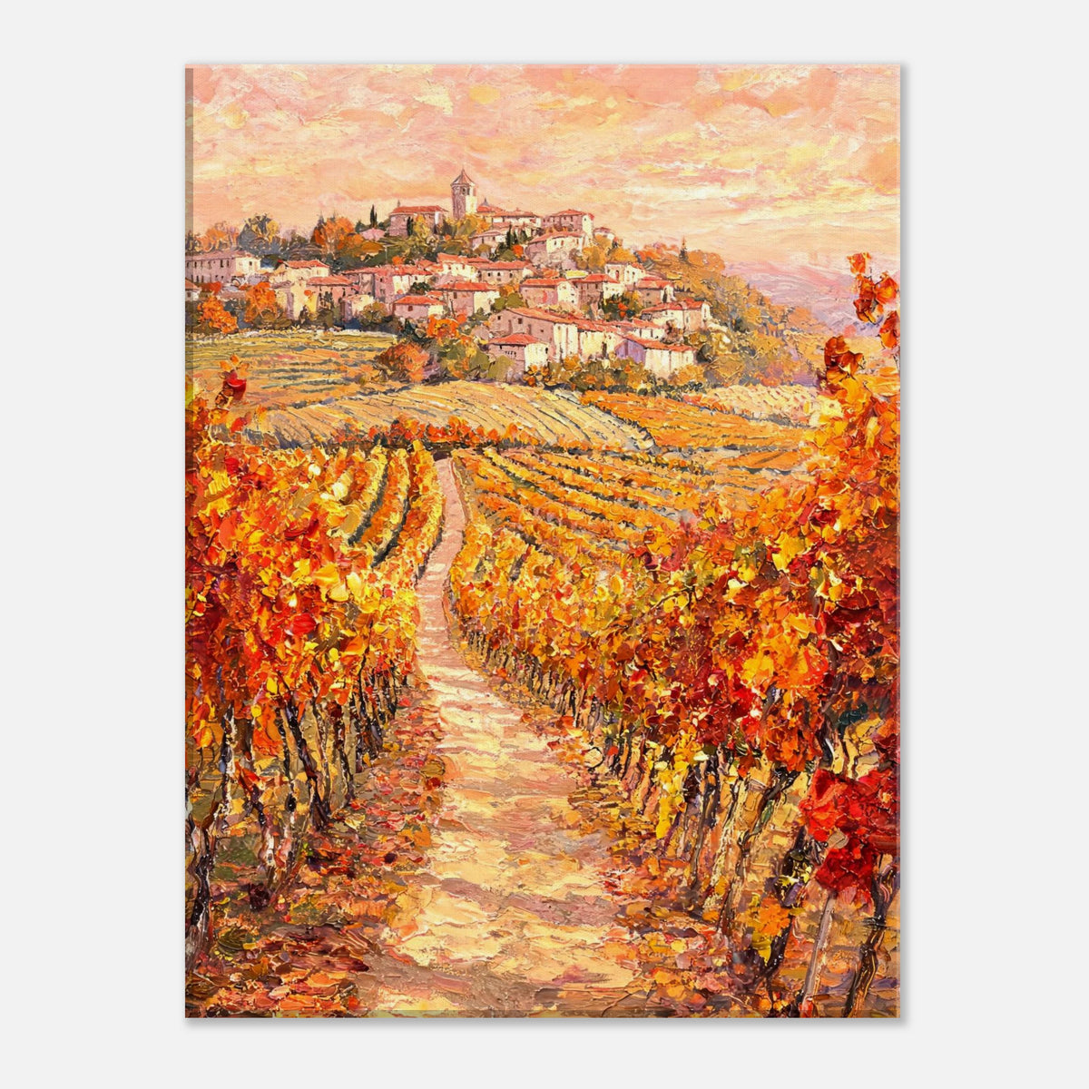 Autumn Vineyard Path Hilltop Village Impressionist Art Print
