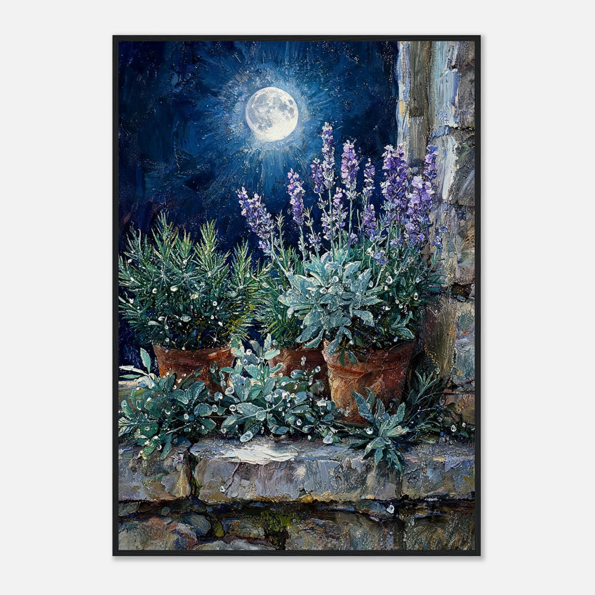 Moonlit Potted Lavender by Stone Window Impressionist Art Print