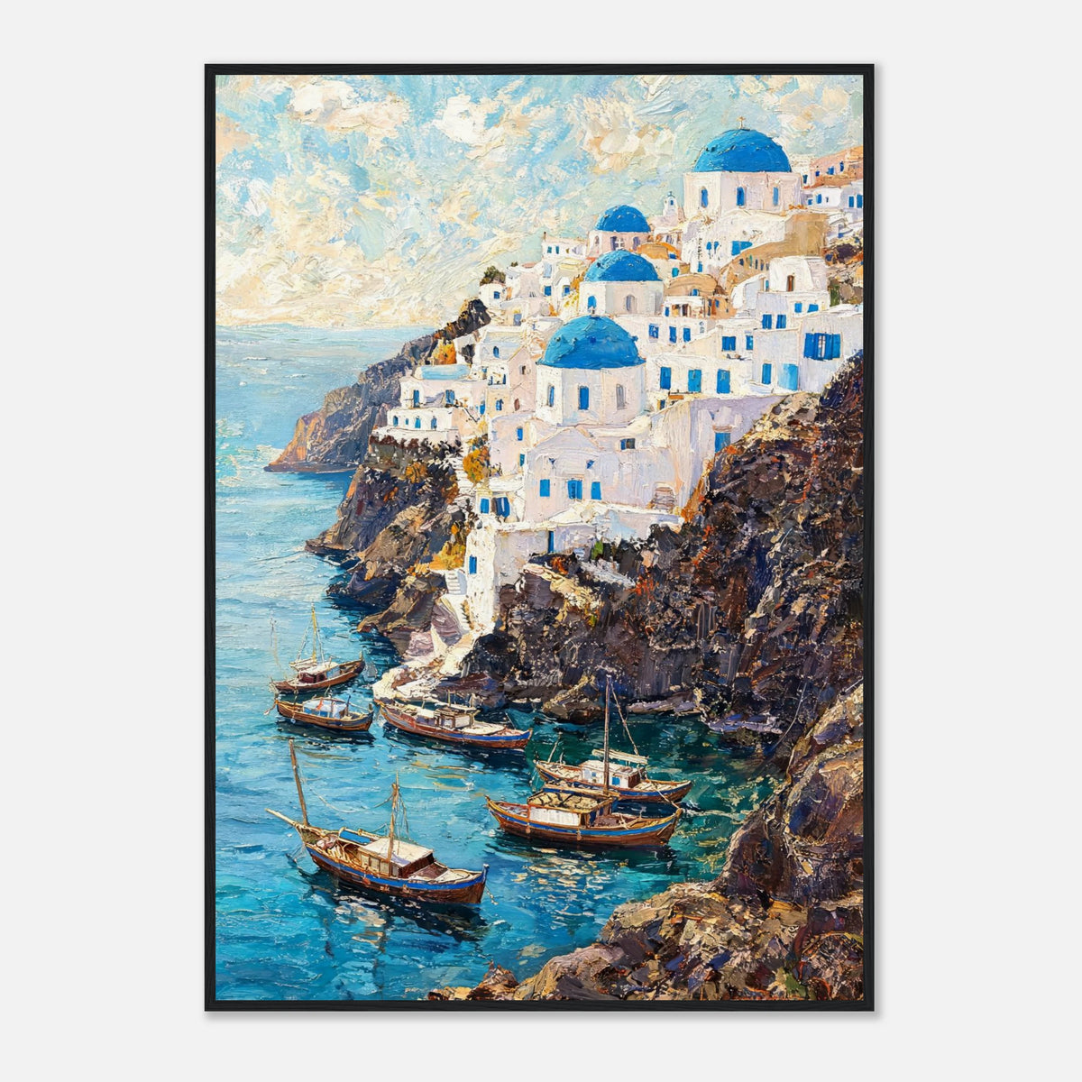 Santorini Cliffside Village & Boats Impressionist Art Print