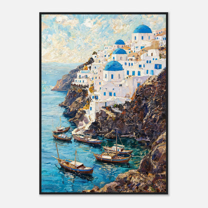 Santorini Cliffside Village & Boats Impressionist Art Print