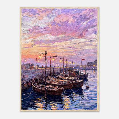 Coastal Harbor Twilight Wooden Boats Impressionist Art Print