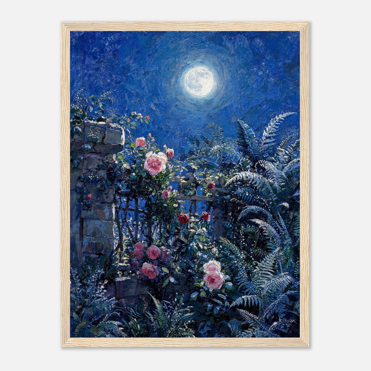 Moonlit Rose Garden and Stone Wall Impressionist Art Print