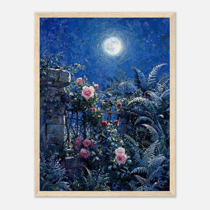 Moonlit Rose Garden and Stone Wall Impressionist Art Print