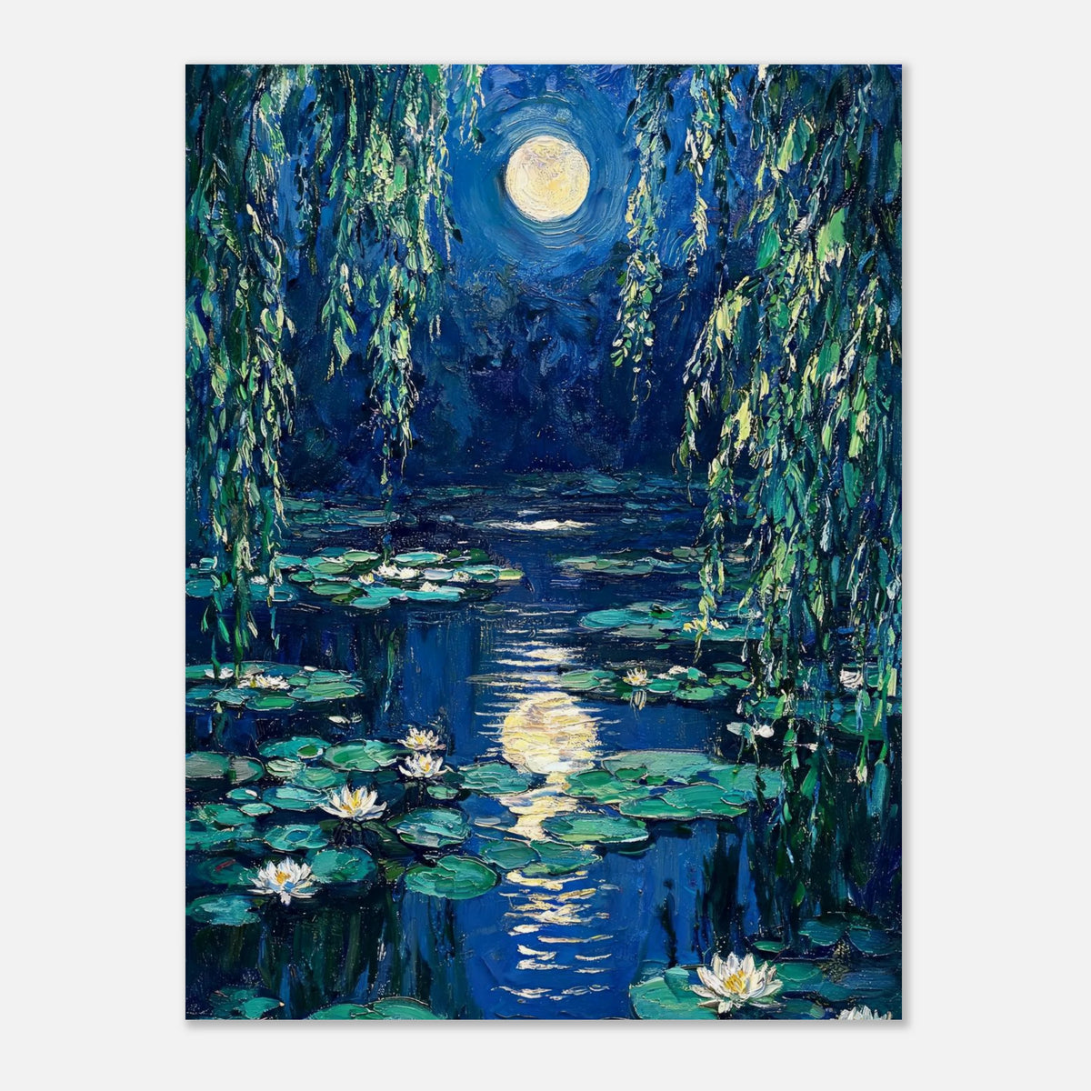 Moonlit Water Lilies Pond Impressionist Art Print