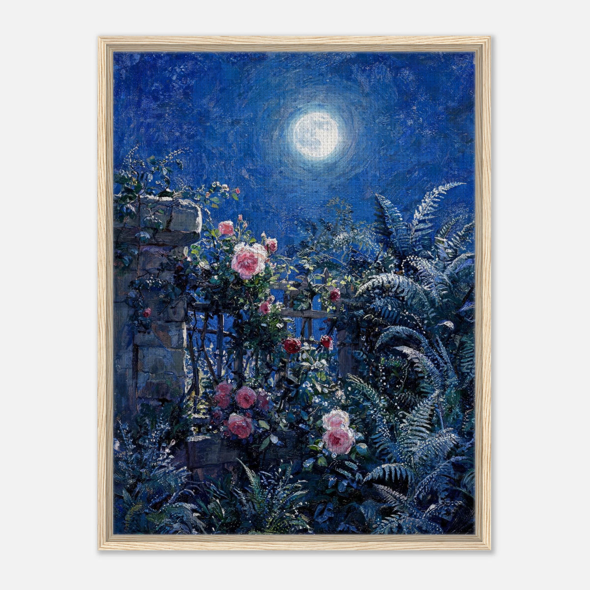 Moonlit Rose Garden and Stone Wall Impressionist Art Print
