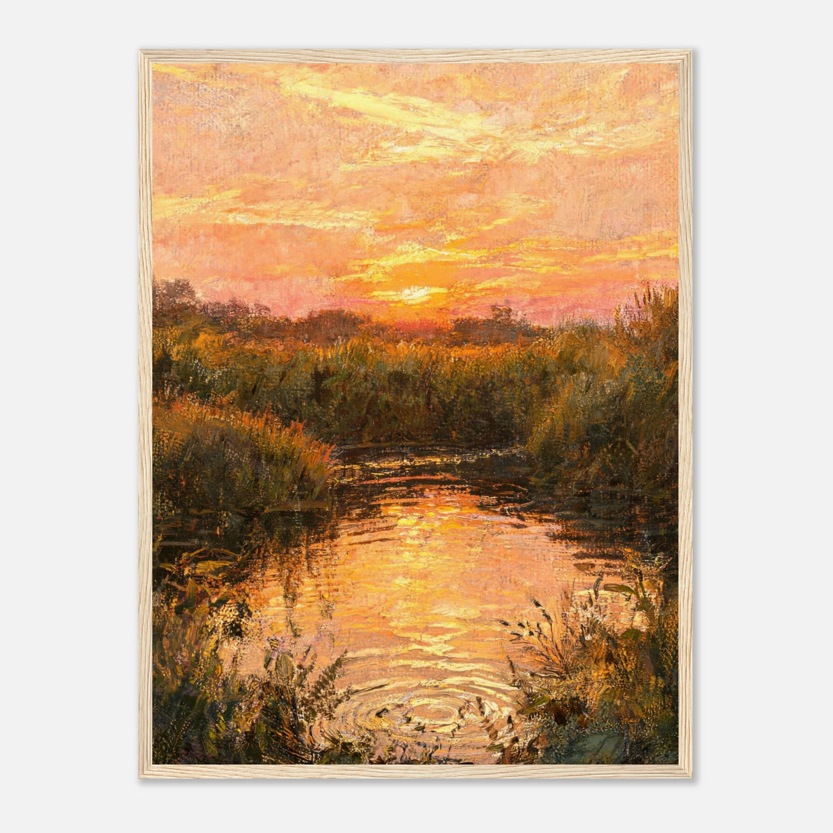 Golden Sunset over River Reflection Impressionist Art Print