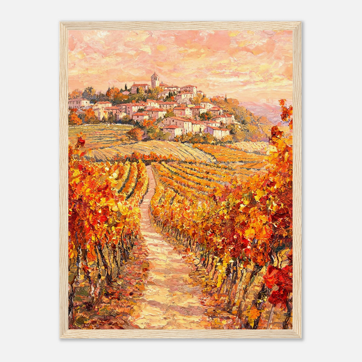 Autumn Vineyard Path Hilltop Village Impressionist Art Print