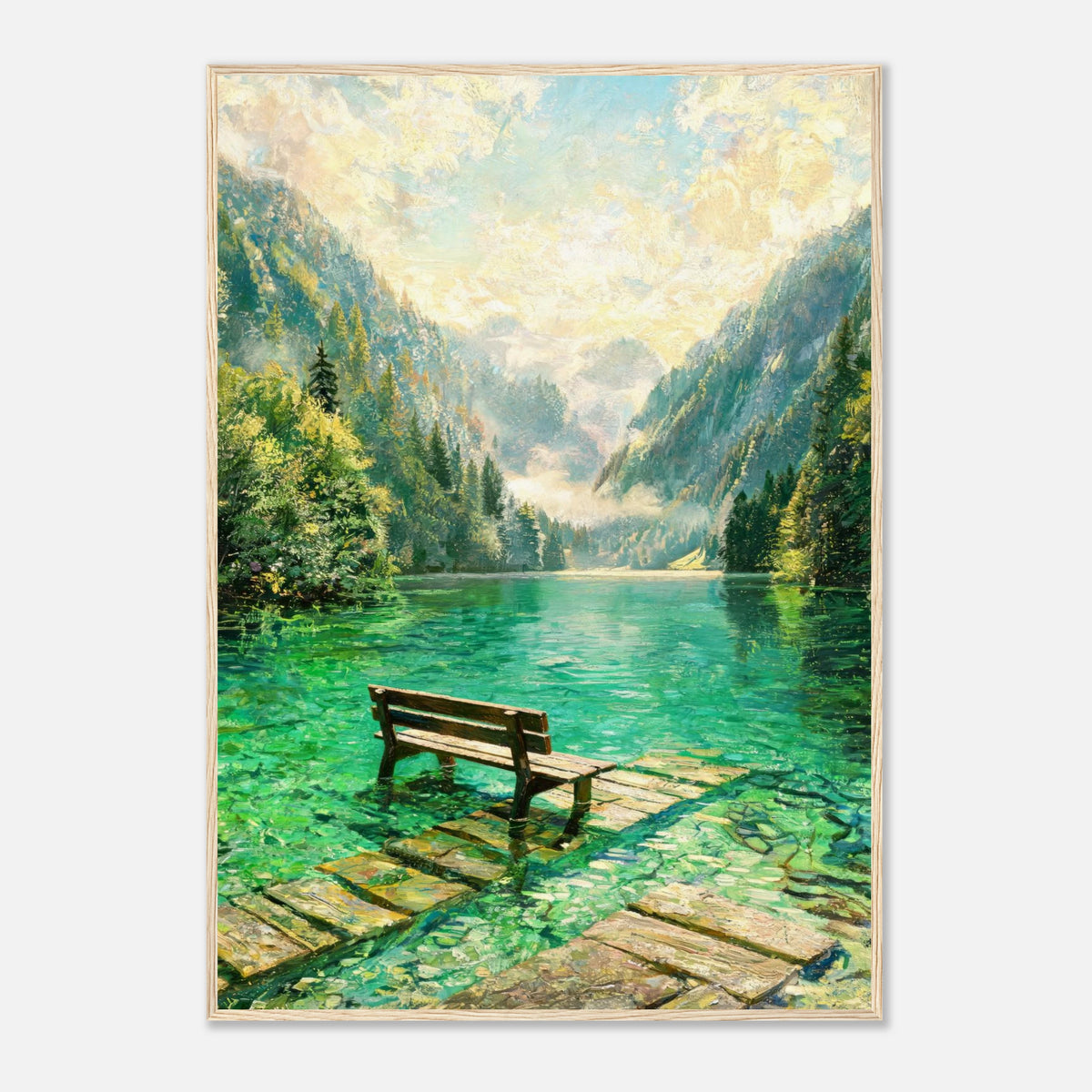 Mountain Lake Pier and Wooden Bench Impressionist Art Print