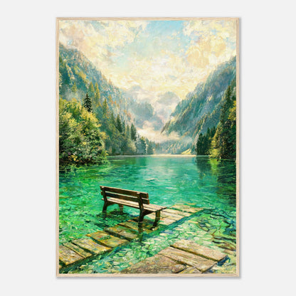 Mountain Lake Pier and Wooden Bench Impressionist Art Print