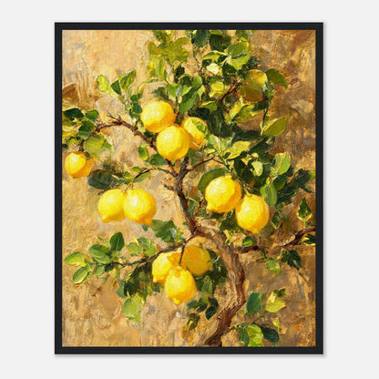 Wooden framed fine art print of an Impressionist lemon tree branch painting showcasing vibrant natural light and rich tactile textures. Black wood frame.