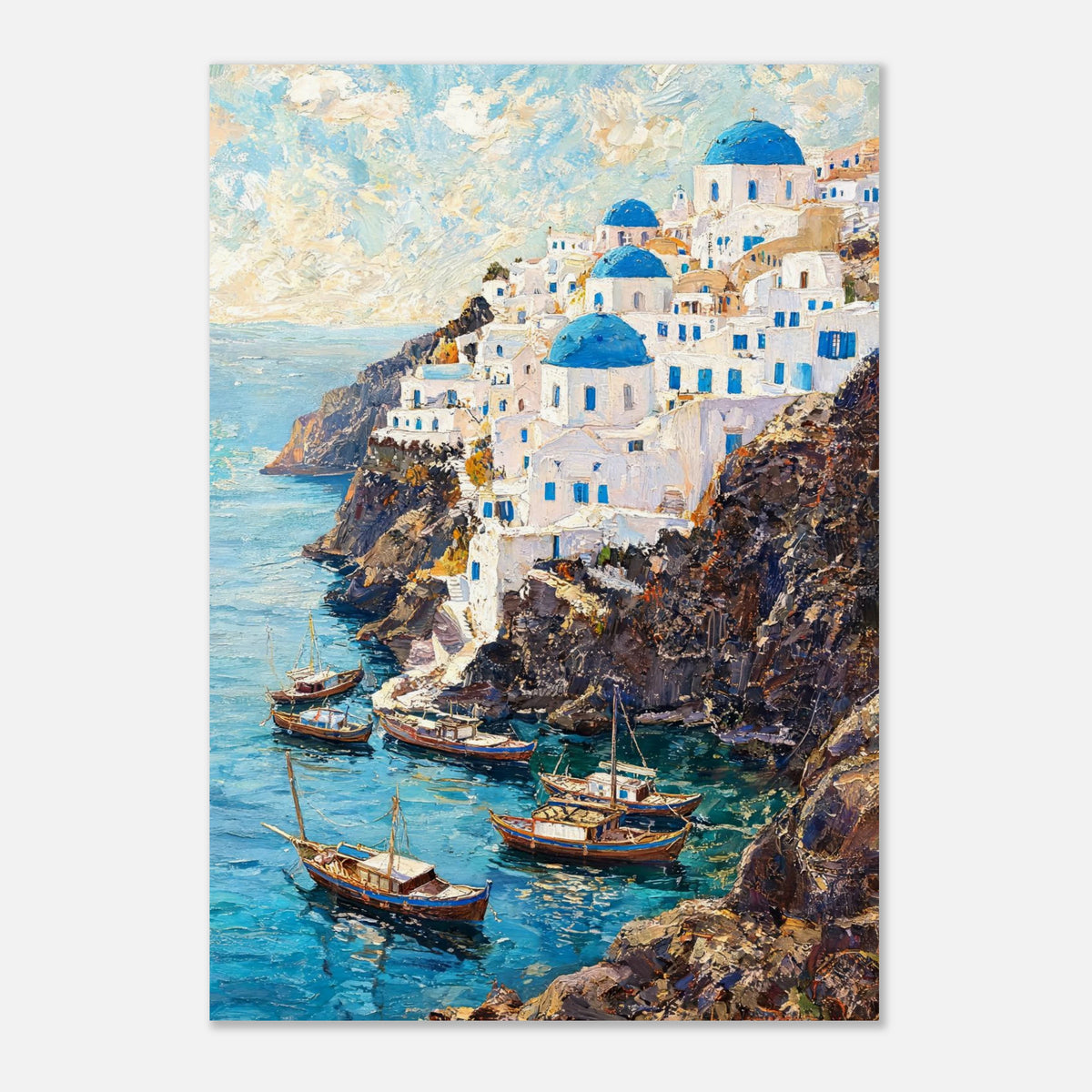 Santorini Cliffside Village & Boats Impressionist Art Print