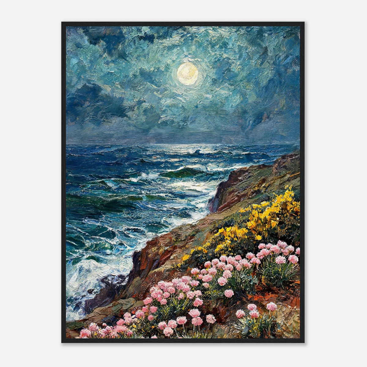 Moonlit Coastal Cliff Flowers Impressionist Art Print
