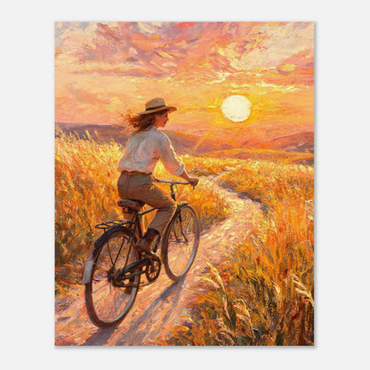 Cycling Through Golden Fields at Sunset Impressionist Art Print