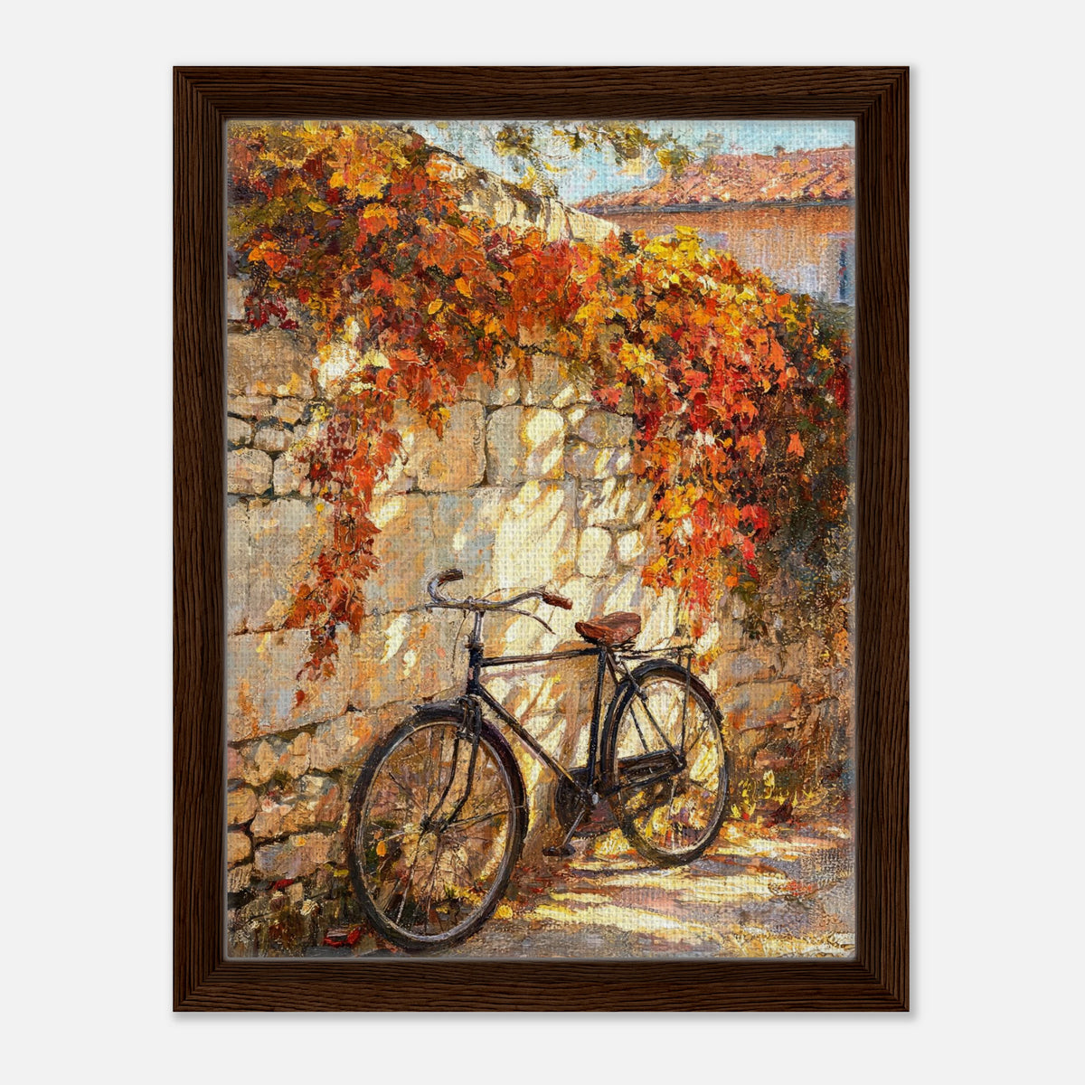 Autumn Vintage Bicycle Stone Wall Impressionist Art Print