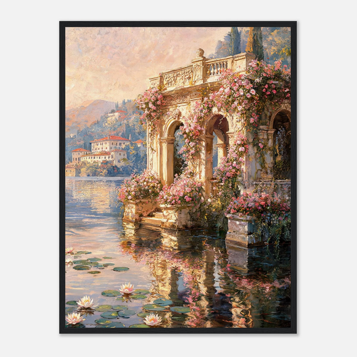 Sunlit Lakeside Villa & Roses Impressionist Art Print