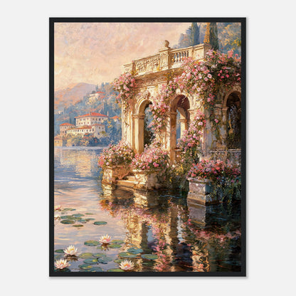 Sunlit Lakeside Villa & Roses Impressionist Art Print