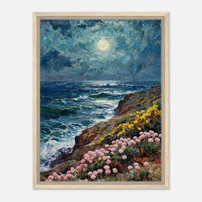 Moonlit Coastal Cliff Flowers Impressionist Art Print