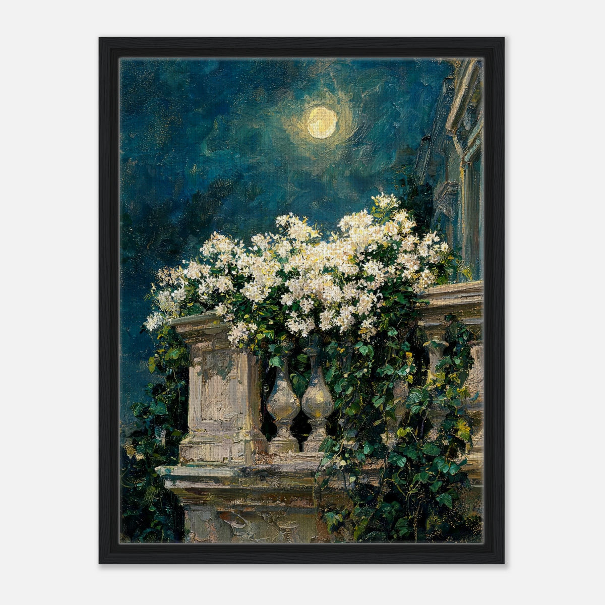 Impressionist art print from Vintstep depicting white flowers cascading over a classic stone balcony under a full moon in a deep teal night sky with rich impasto brushstrokes.