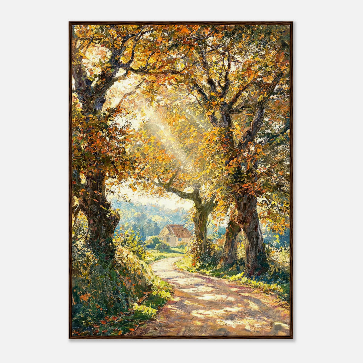 Sunlit Autumn Forest Path Impressionist Art Print