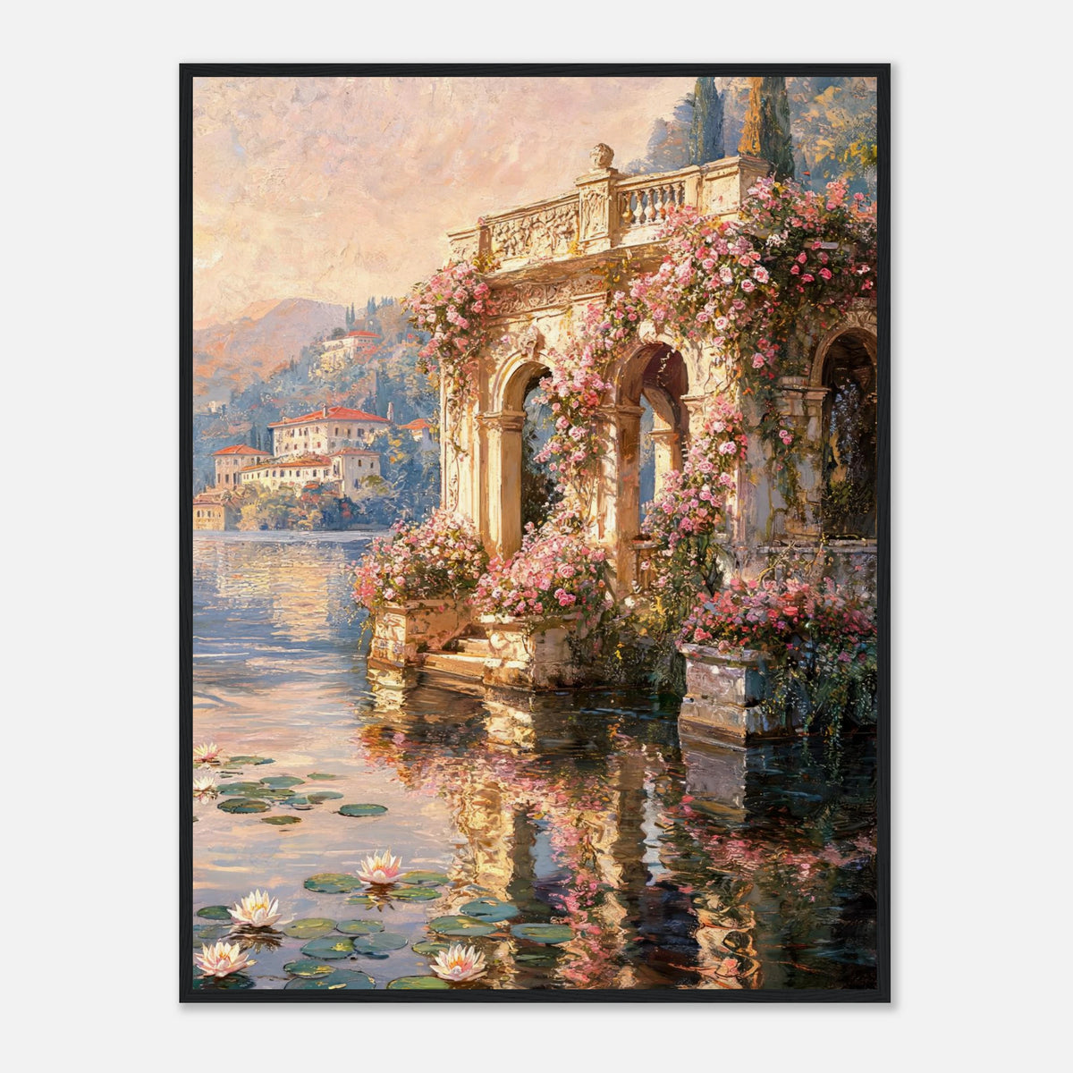 Sunlit Lakeside Villa & Roses Impressionist Art Print