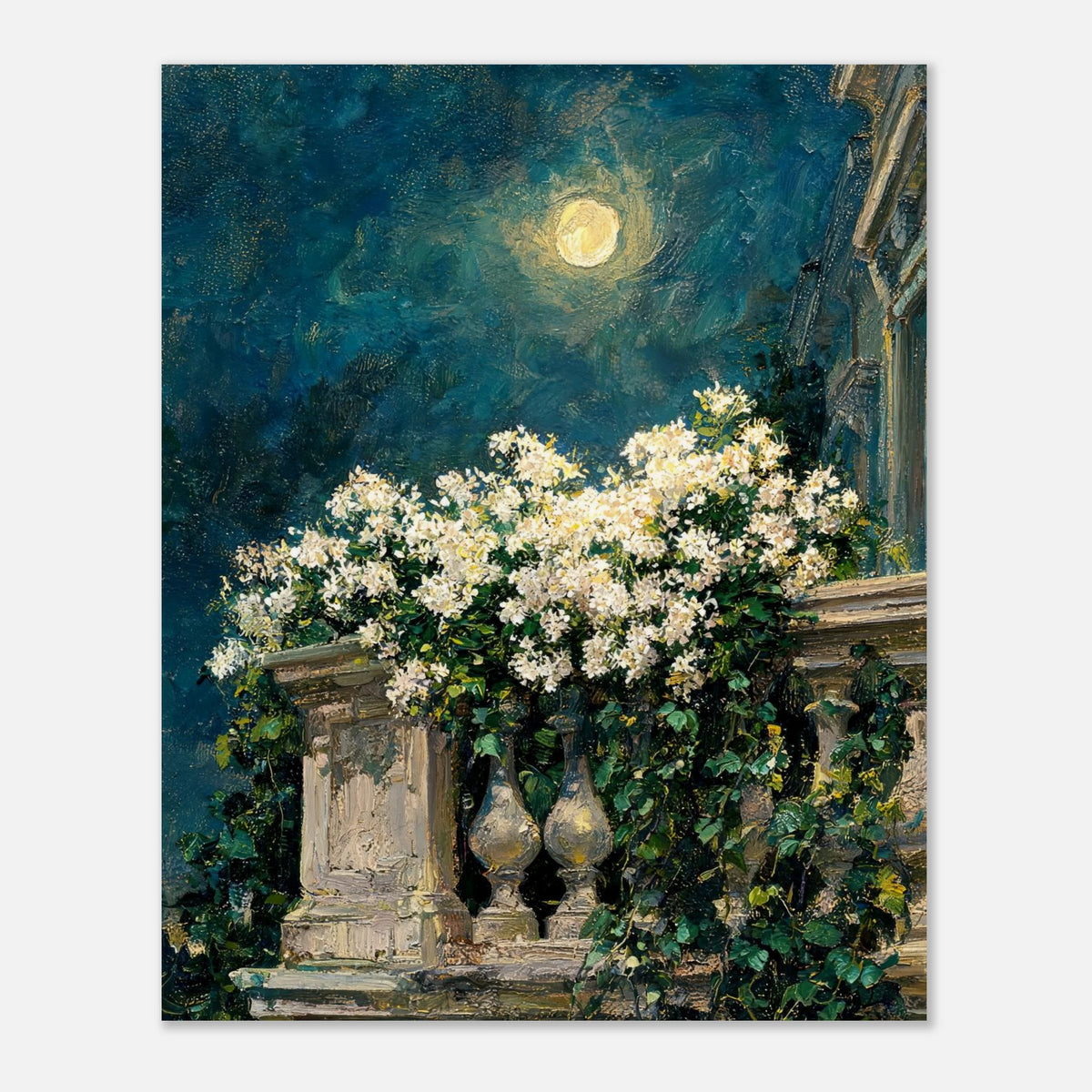Moonlit White Blossoms Balcony Impressionist Art Print
